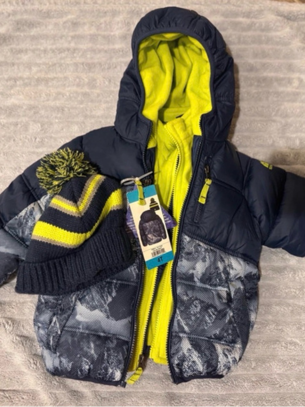 Snozu Navy Jacket with Neon Lime Lining and Striped Pom Hat